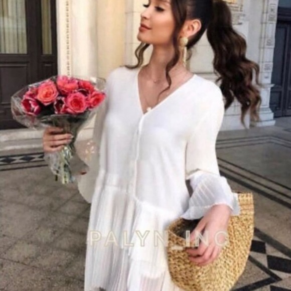 ZARA White PLEATED DRESS BLOUSE TUNIC Flowing V-neck blouse long sleeves - Picture 3 of 15